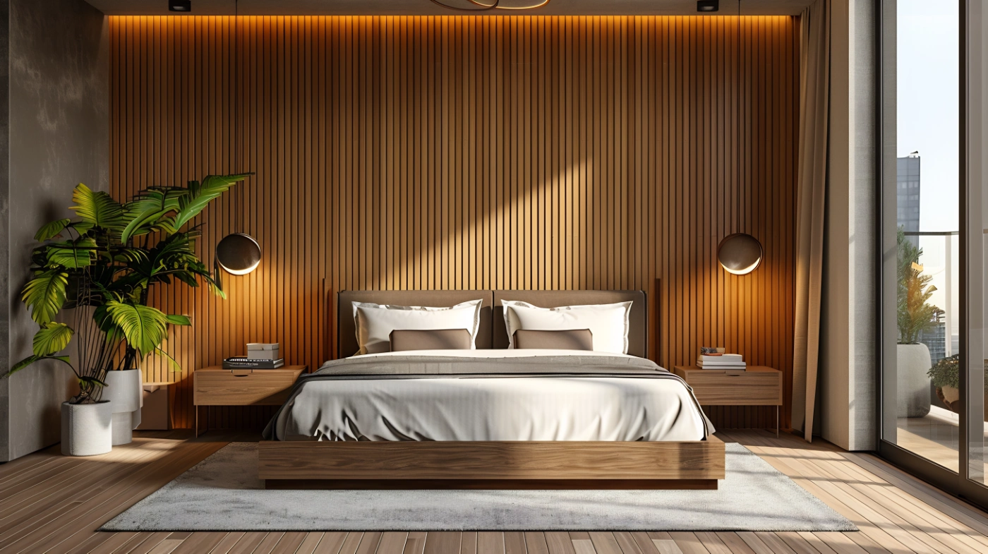 contemporary bedroom with neat natural details